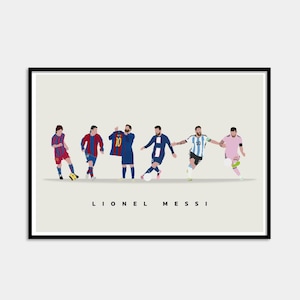 May include: A framed art print featuring a stylized illustration of Lionel Messi in various soccer uniforms. The artwork depicts Messi in different poses, with the text "LIONEL MESSI" at the bottom. The print is set against a neutral background.
