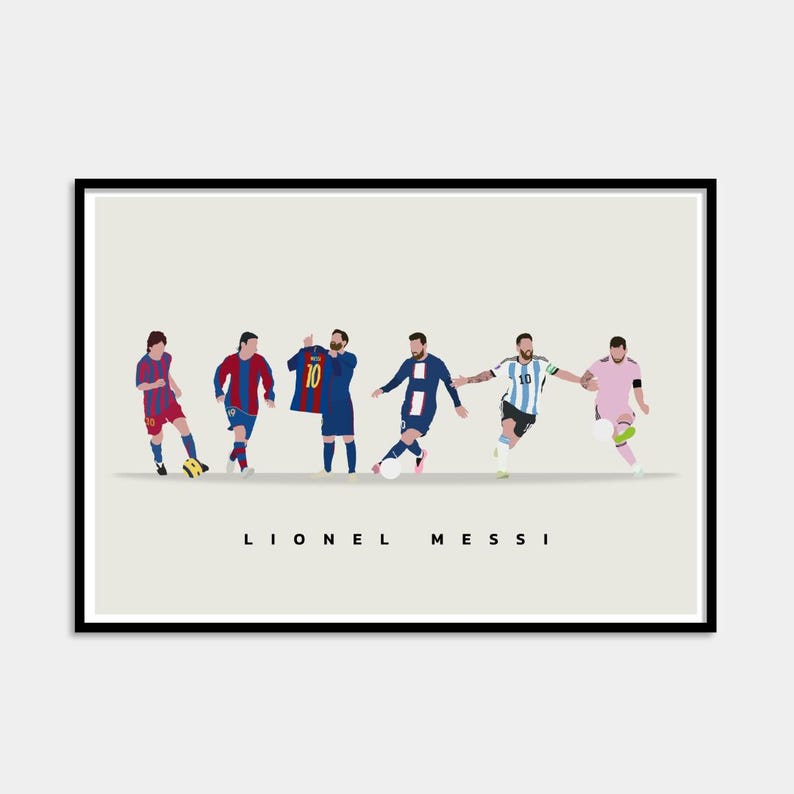 May include: A framed art print featuring a stylized illustration of Lionel Messi in various soccer uniforms. The artwork depicts Messi in different poses, with the text "LIONEL MESSI" at the bottom. The print is set against a neutral background.