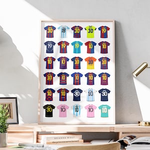May include: A framed print featuring a collection of colorful soccer jerseys. Each jersey displays a number and the name "MESSI". The jerseys are in various colors, including blue, red, yellow, and pink, and are arranged in a grid pattern.