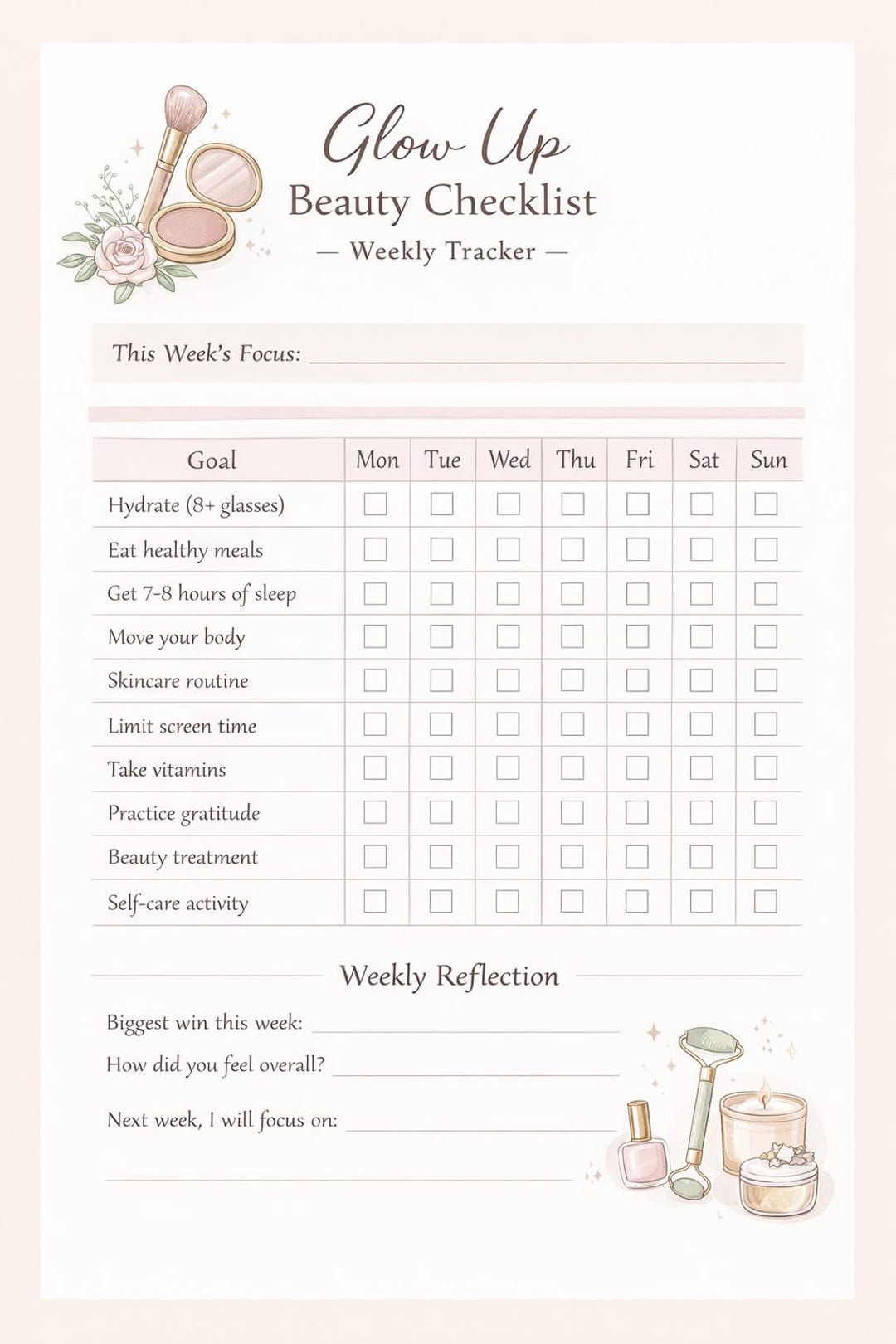 Glow up Beauty Checklist Printable | Weekly Self Care Tracker & Habit ...