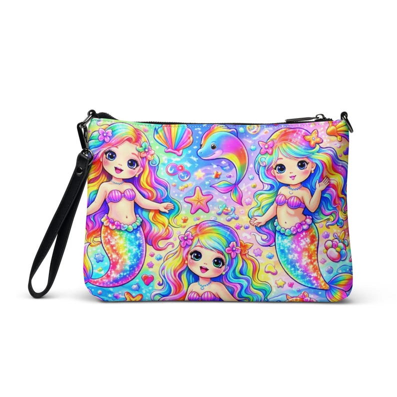 Lisa Frank Inspired Rainbow Mermaids Crossbody Bag | Y2K 90s Nostalgic Shoulder Purse | Trendy Women’s Adjustable Strap Mermaid Handbag