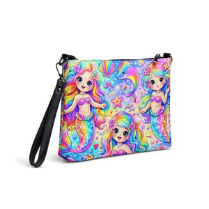 Lisa Frank Inspired Rainbow Mermaids Crossbody Bag | Y2K 90s Nostalgic Shoulder Purse | Trendy Women’s Adjustable Strap Mermaid Handbag