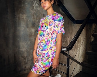 Rainbow Lisa Frank Kitten T-Shirt Dress | Vibrant Colorful Whimsical Animal Print Oversized Tee Dress