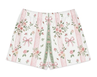 Women's cotton shorts Pink Bows and Stripes Summer Spring Unique Pattern Preppy Style