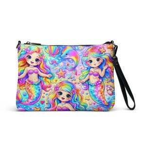 Lisa Frank Inspired Rainbow Mermaids Crossbody Bag | Y2K 90s Nostalgic Shoulder Purse | Trendy Women’s Adjustable Strap Mermaid Handbag