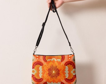 1970s Groovy Floral Crossbody Bag | Orange Yellow Boho Purse | Retro Flower Power Shoulder Bag