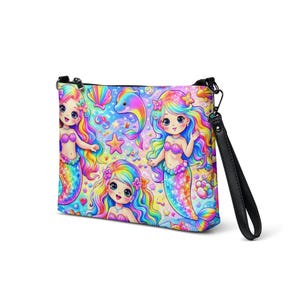 Lisa Frank Inspired Rainbow Mermaids Crossbody Bag | Y2K 90s Nostalgic Shoulder Purse | Trendy Women’s Adjustable Strap Mermaid Handbag