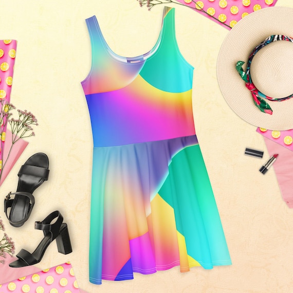 Psychedelic Rainbow Skater Dress Fit and Flare Boho Festival Outfit 70s Inspired