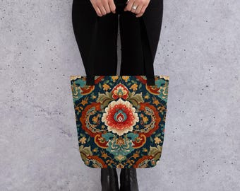 Bohemian Floral Tote Bag | Boho Canvas Handbag Vintage Flower Pattern | Gift for Her