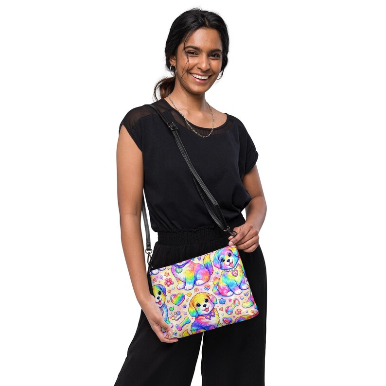 Lisa Frank Inspired Puppy Rainbow Crossbody Bag | Y2K 90s Nostalgic Shoulder Purse | Trendy Women’s Adjustable Strap Rainbow Puppy Handbag