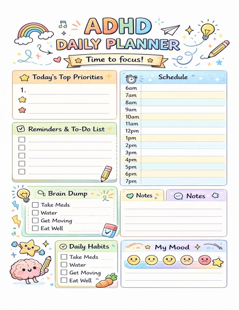 ADHD Daily Planner Printable | Neurodivergent Planner PDF | Cute Focus ...