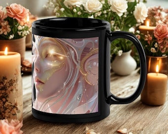 Glossy Black Angel Mug • Gothic Spiritual Ceramic Cup
