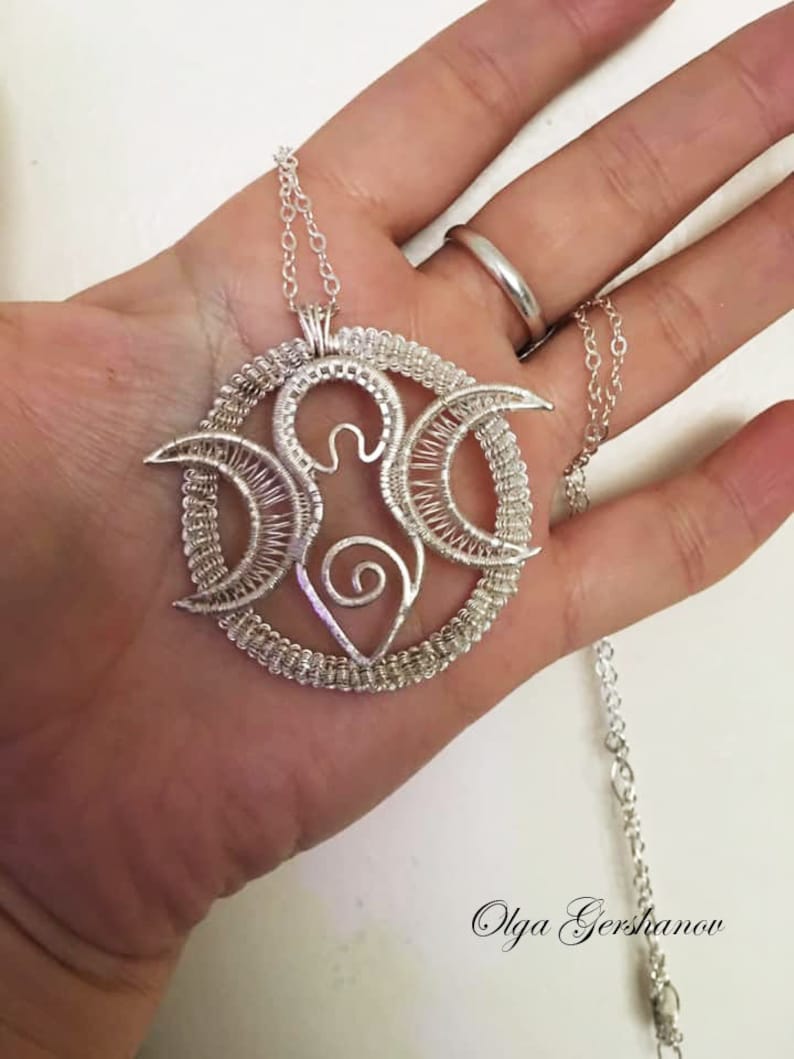 wiccan amulet triune goddess necklace moon phase necklace lunar cycle pendant Pagan Jewelry Sterling Silver Wiccan triple moon necklace