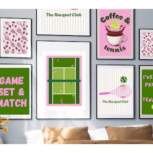 Trendy Tennis Print Set Club Aesthetic of 6 - Decor, Tennis Racket Print, Girly Sport Posters, Preppy Wall Art, Coffe & Tennis, Gift for her