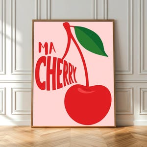 Kirsch Kirsche Wand Kunst Druck – Retro Obst Poster, Funky Typografie, Pop Art Küchen Dekoration, rote Kirsche Illustration, druckbare Kunst