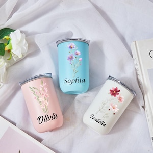 Personalized Birth Flower Tumbler with Name, Insulated Stainless Steel Cup with Lid, Custom Bridesmaid or Birthday Gift for Her, Travel Mugs