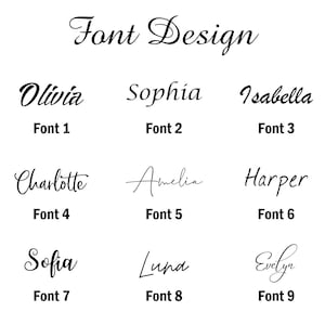 May include: A white background displays nine different font styles with the names Olivia, Sophia, Isabella, Charlotte, Amelia, Harper, Sofia, Luna, and Evelyn. Each name is labeled with a font number from 1 to 9. The text "Font Design" is at the top.
