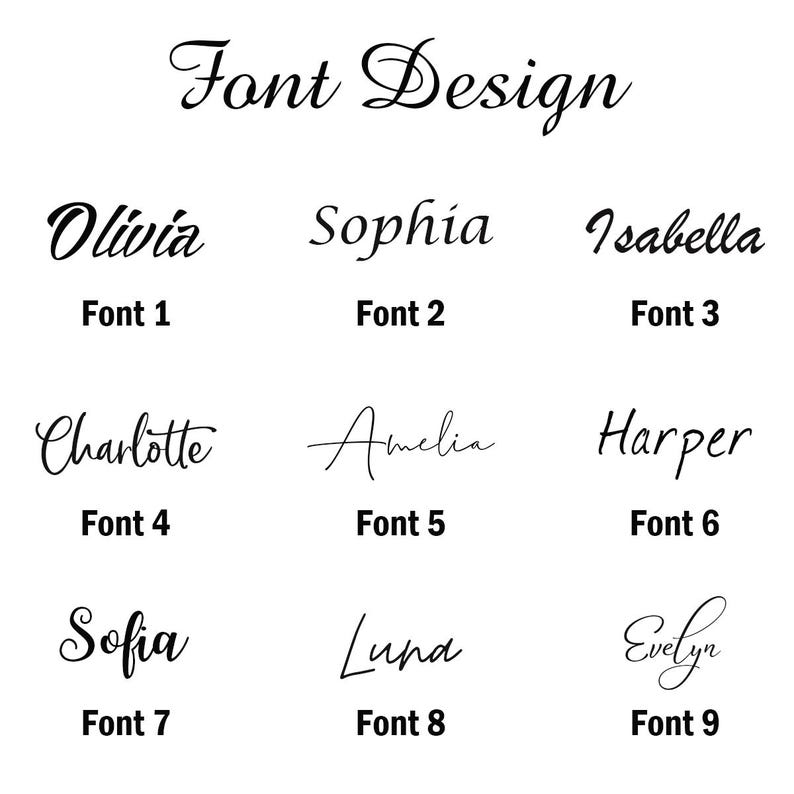 May include: A white background displays nine different font styles with the names Olivia, Sophia, Isabella, Charlotte, Amelia, Harper, Sofia, Luna, and Evelyn. Each name is labeled with a font number from 1 to 9. The text "Font Design" is at the top.
