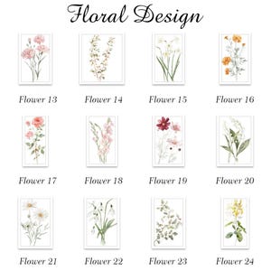 May include: A collection of twelve framed floral art prints. Each print features a different watercolor flower design, with a white border and a white background. The text "Floral Design" is at the top, and each print is labeled with a number.