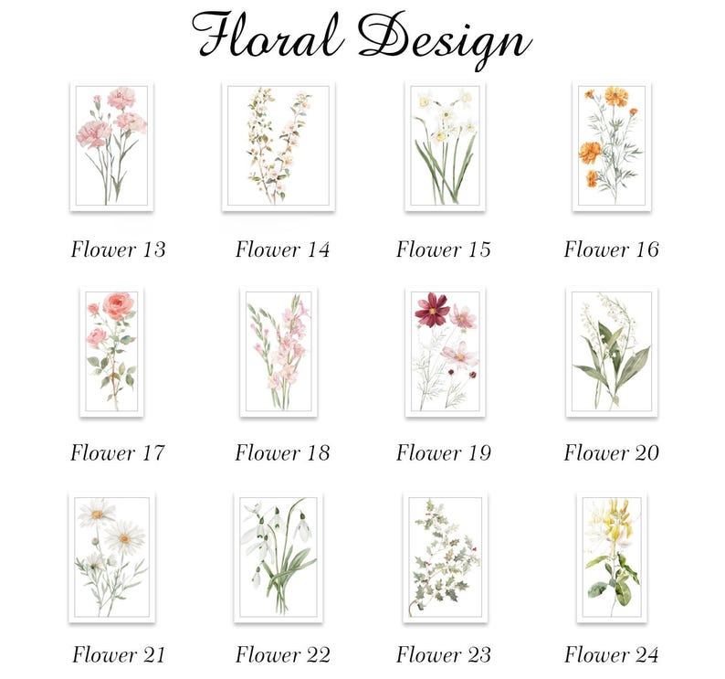 May include: A collection of twelve framed floral art prints. Each print features a different watercolor flower design, with a white border and a white background. The text "Floral Design" is at the top, and each print is labeled with a number.