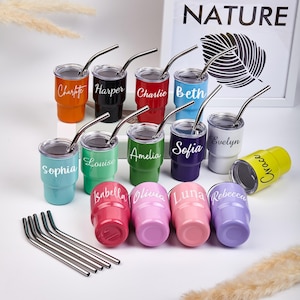 Puede incluir: Una colección de vasos de acero inoxidable personalizados en varios colores, cada uno con un nombre impreso en la parte delantera. Los vasos tienen pajitas y tapas plateadas. Los nombres incluyen Charlotte, Harper, Charlie, Beth, Sophia, Louise, Amelia, Sofia, Evelyn, Grace, Isabella, Olivia, Luna y Rebecca.