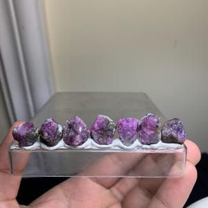 May include: Seven raw, vibrant magenta-coloured crystals are arranged in a single horizontal row. Each crystal is embedded into a white, putty-like adhesive strip that is attached to the top edge of a clear, rectangular plastic display stand.