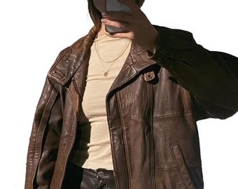 Damen-Lederjacke in Braun, Vintage-Oversize-Bikerjacke, Motorrad-Streetwear