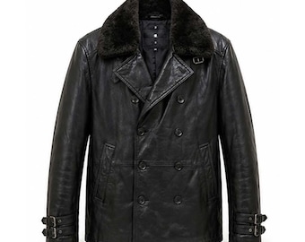 Trench da uomo in pelle nera con collo di pelliccia, giacca invernale doppiopetto stile biker vintage, regalo per lui