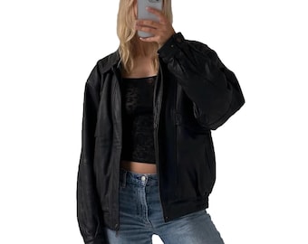 Women's Oversized Black Leather Jacket – Straight Cut, Genuine Sheepskin Leather – Best gift for Her