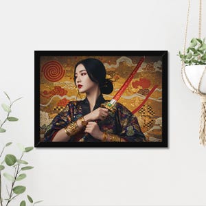 Golden Warrior Wall Art - Female Fighter with Red Sword | Home Decor Art Print