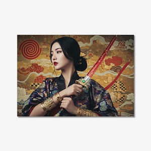 Golden Warrior Wall Art - Female Fighter with Red Sword | Home Decor Art Print