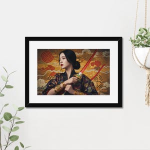 Golden Warrior Wall Art - Female Fighter with Red Sword | Home Decor Art Print