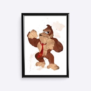 May include: A framed print featuring a watercolor illustration of Donkey Kong. The character is depicted in a dynamic pose, wearing a red tie with "DK" on it. The artwork has a brown and beige color palette with watercolor-style splatters.