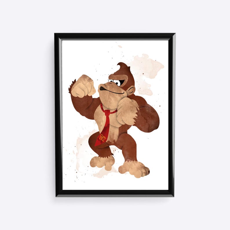May include: A framed print featuring a watercolor illustration of Donkey Kong. The character is depicted in a dynamic pose, wearing a red tie with "DK" on it. The artwork has a brown and beige color palette with watercolor-style splatters.