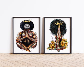 Quadros de parede com rei e rainha negros, pôsteres de afirmação, afro-caribenhos, para ele e para ela, conjunto de 2, eu sou, afro-americano, homem e mulher, A2 A3 A4