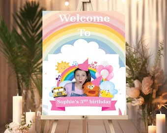 Placa de aniversário personalizada da Sra. Rachel, pôster de boas-vindas, foto de entrada do hall, decoração de festa, crianças pequenas, tema de TV, A2 A3 A4 8x10 5 x 7 pol.