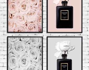 Láminas de perfumes y rosas, arte mural de moda, decoración floral, pósteres para dormitorio, salón de belleza, salón de belleza para chicas, cuadro de tocador, rosa y gris, tamaño A2, A3, A4