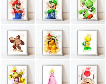 Mario prints, gaming wall art, children's bedroom, Luigi poster, video game, gallery wall, gamer gift, Mario bros, princess peach, A2 A3 A4