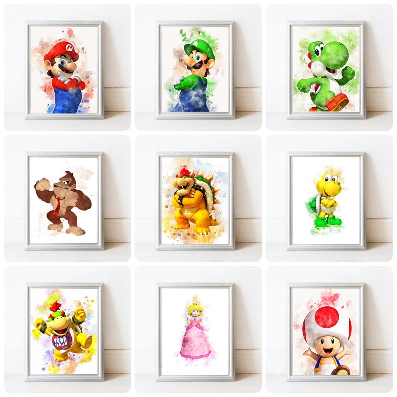May include: Nine framed watercolor prints featuring characters from the Super Mario video game series. The prints showcase Mario, Luigi, Yoshi, Donkey Kong, Bowser, Koopa Troopa, Bowser Jr., Princess Peach, and Toad. Each character is depicted with vibrant colors.