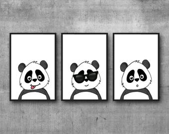 Conjunto de 3 pôsteres com estampa de panda, decoração para casa com tema animal, ideias para quarto de bebê, rostinhos divertidos, tema original, quarto infantil, quarto de bebê, tamanhos A2, A3, A4, 8x10 e 5x7 polegadas.