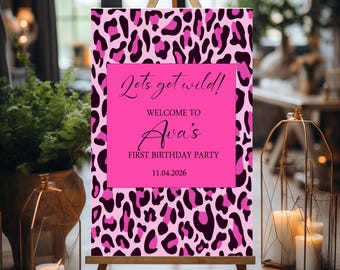 Pôster de boas-vindas para aniversário com estampa de leopardo rosa, placa de festa, decoração personalizada, tema animal, vamos nos divertir, despedida de solteira, entrada do salão, decoração.