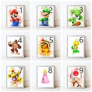 May include: Nine framed watercolor prints featuring characters from the Super Mario video game series. The prints include Mario, Luigi, Yoshi, Donkey Kong, Bowser, Koopa Troopa, Bowser Jr., Princess Peach, and Toad. Each print is numbered.