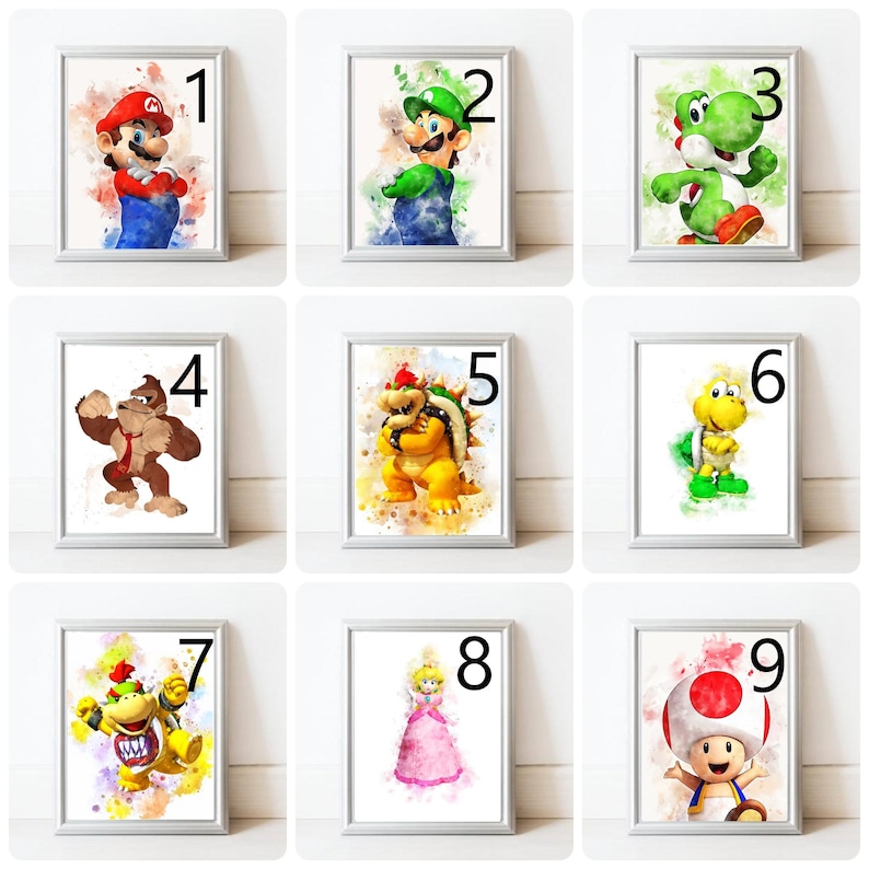 May include: Nine framed watercolor prints featuring characters from the Super Mario video game series. The prints include Mario, Luigi, Yoshi, Donkey Kong, Bowser, Koopa Troopa, Bowser Jr., Princess Peach, and Toad. Each print is numbered.