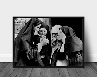 Póster de monjas fumadoras, impresión fotográfica, blanco y negro, arte mural religioso, temática del tabaco, decoración católica, imágenes de bar, A2, A3, A4, 8 x 10, 5 x 7