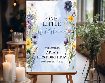 Placa de Aniversário com Flores Silvestres para o Primeiro Aniversário, Decoração para Festa de 1 Ano, Tema Floral, Aniversário Infantil, Evento para Bebês, Presente Personalizado, Um Ano de Vida, Bem-vindo(a) ao/à, A2 A3