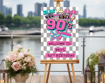 Placa de boas-vindas para aniversário com tema anos 90, pôster personalizado para festa, festa retrô, presente para comemorar data especial, decoração para entrada, tamanhos A2, A3 e A4.