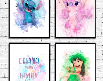Lilo Stitch Angel prints, character wall art, ohana means family, kids bedroom, nursery posters, stitch fan, set of 4, A2 A3 A4 8x10 5x7 in