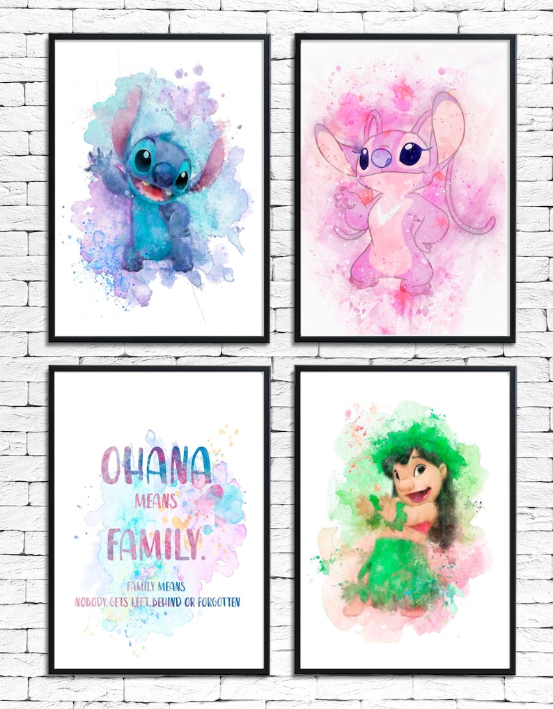Impressions Lilo Stitch Angel, oeuvre d'art murale personnage, ohana signifie famille, chambre d'enfants, affiches de chambre d'enfant, éventail de points, lot de 4, A2 A3 A4 20 x 10 5 x 7 po image 1
