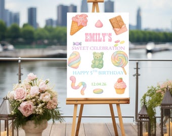 Pôster de boas-vindas para festa com tema de doces, decoração de aniversário, chá de bebê, tema de doces, placa comemorativa, decoração personalizada, eventos infantis, tamanhos A2, A3, A4 e 8x10.