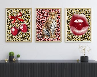 Estampa de Leopardo, Estampa de Lábios de Cereja, Decoração de Guepardo, Arte de Parede para Apartamento, Moda Descolada, Pôster de Cerejas, Quadros para Dormitório, Estampa Animal, A2 A3 A4